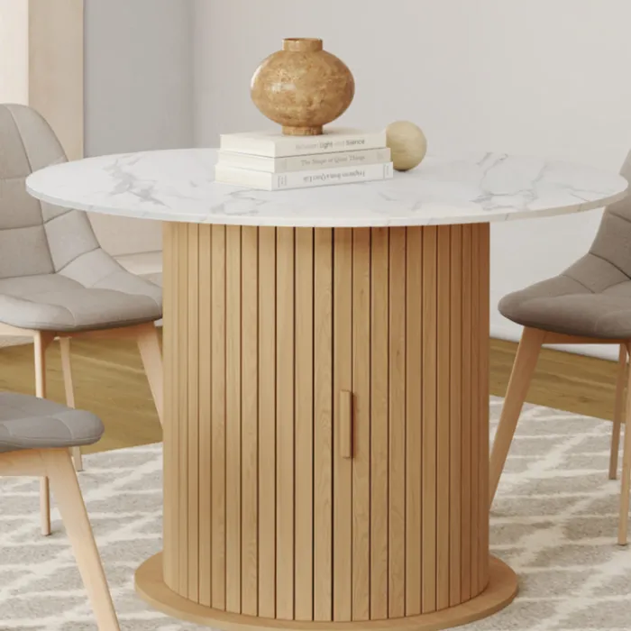 Table à manger extensible ronde 4-8 personnes pied lattes avec rangement et plateau effet marbre blanc 110-150 cm