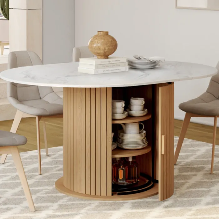Table à manger extensible ronde 4-8 personnes pied lattes avec rangement et plateau effet marbre blanc 110-150 cm
