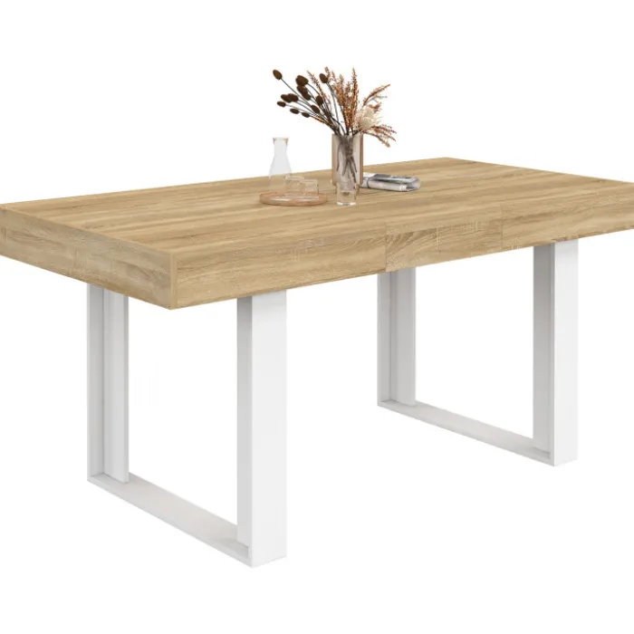 Table à manger extensible rectangle 4-6 personnes bois et blanc 120-160 cm
