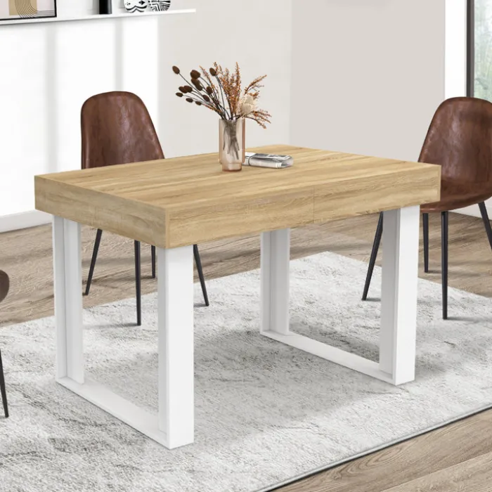 Table à manger extensible rectangle 4-6 personnes bois et blanc 120-160 cm