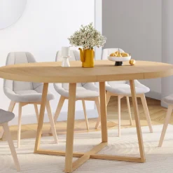 Table à manger extensible ronde 4-8 personnes bois effet hêtre 110-150 cm