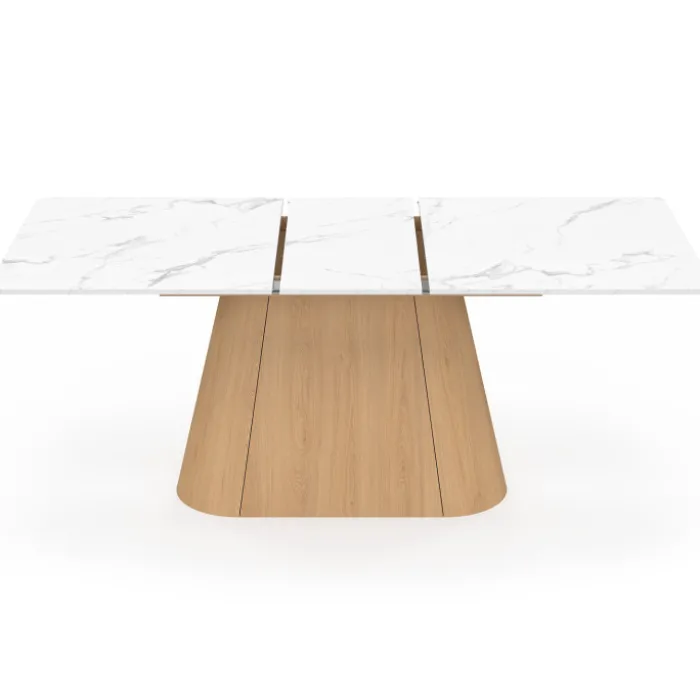 Table à manger extensible rectangle RHONDA 6-10 personnes plateau marbre blanc ALASKA et bois façon hêtre 160-200 cm