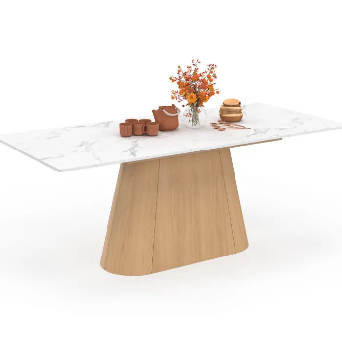 Table à manger extensible rectangle RHONDA 6-10 personnes plateau marbre blanc ALASKA et bois façon hêtre 160-200 cm