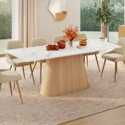 Table à manger extensible rectangle RHONDA 6-10 personnes plateau marbre blanc ALASKA et bois façon hêtre 160-200 cm