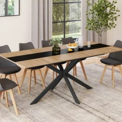Table à manger extensible rectangle bois et bande centrale noir 160 - 200 cm