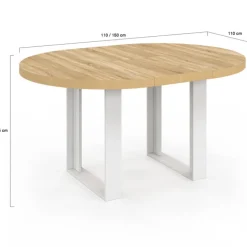 Table à manger extensible ronde bois et blanc 110-150 cm pour 4 à 6 personnes