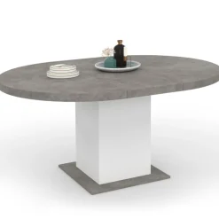 Table à manger extensible ronde 4-8 personnes béton et blanc 120-160 cm
