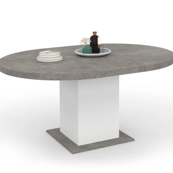 Table à manger extensible ronde 4-8 personnes béton et blanc 120-160 cm