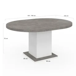 Table à manger extensible ronde 4-8 personnes béton et blanc 120-160 cm