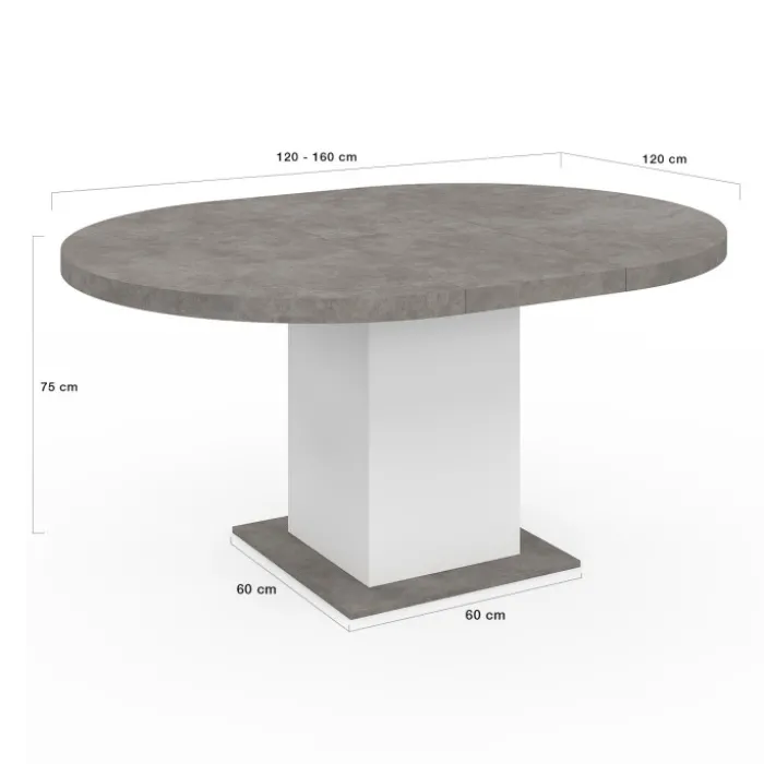 Table à manger extensible ronde 4-8 personnes béton et blanc 120-160 cm