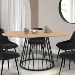 Table à manger extensible ronde 110-150 cm 4-8 personnes bois et pied filaire noir