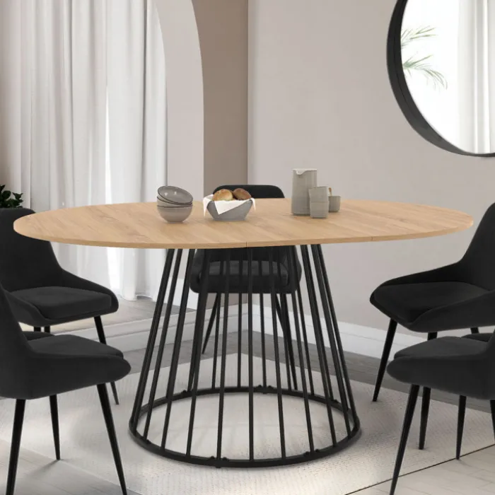 Table à manger extensible ronde 110-150 cm 4-8 personnes bois et pied filaire noir