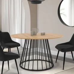 Table à manger extensible ronde 110-150 cm 4-8 personnes bois et pied filaire noir