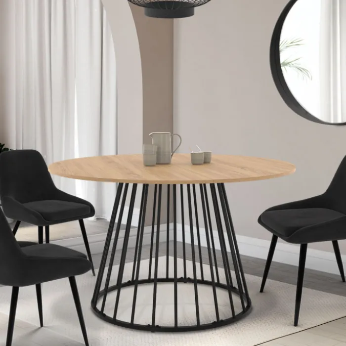 Table à manger extensible ronde 110-150 cm 4-8 personnes bois et pied filaire noir