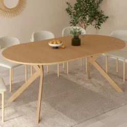 Table à manger extensible ronde 4-10 personnes pied araignée bois effet hêtre 110-200 cm