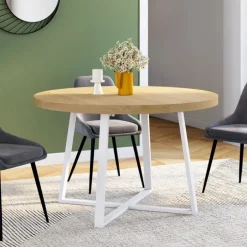Table à manger extensible ronde 4-8 personnes bois et blanc 110-150 cm