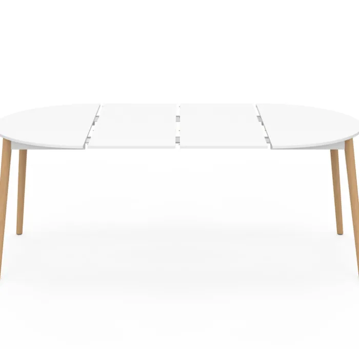 Table à manger extensible ronde 4-10 personnes blanc pied bois 110 - 200 cm