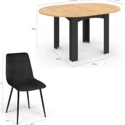 Table à manger extensible ronde 4-8 personnes noire plateau façon hêtre 110-150 cm