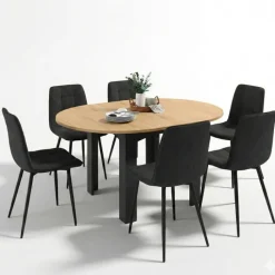 Table à manger extensible ronde 4-8 personnes noire plateau façon hêtre 110-150 cm