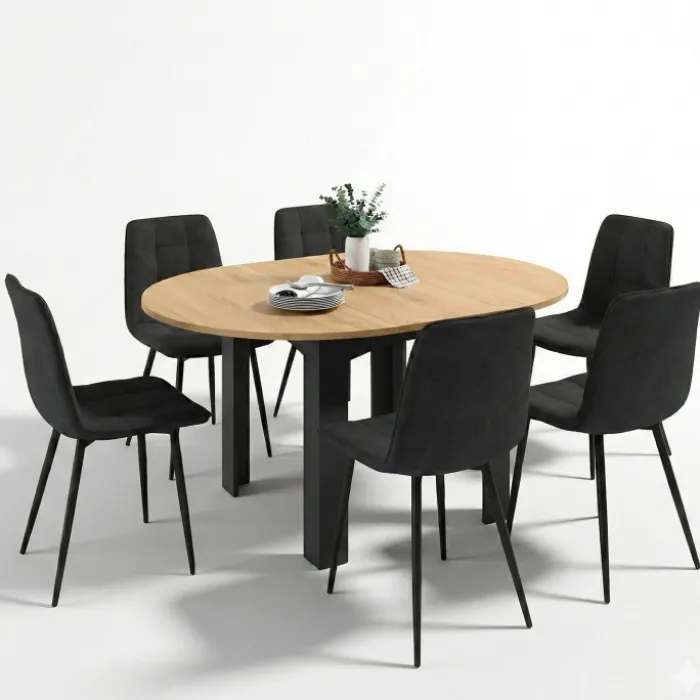 Table à manger extensible ronde 4-8 personnes noire plateau façon hêtre 110-150 cm