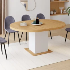 Table à manger extensible ronde 120-160 cm 4-8 personnes bois et blanc