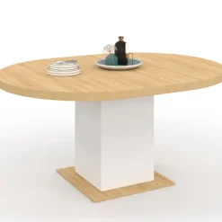 Table à manger extensible ronde 120-160 cm 4-8 personnes bois et blanc