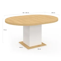 Table à manger extensible ronde 120-160 cm 4-8 personnes bois et blanc