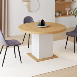 Table à manger extensible ronde 120-160 cm 4-8 personnes bois et blanc