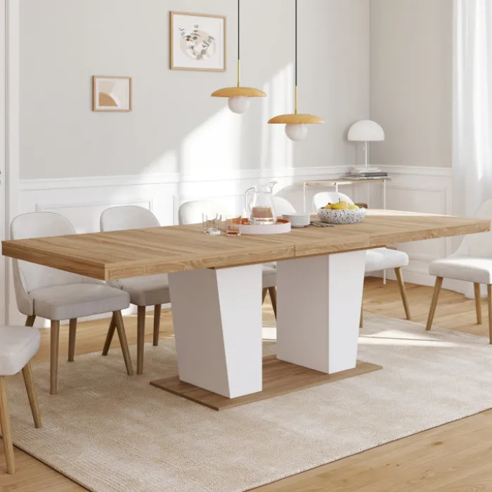 Table à manger extensible rectangle 8-12 personnes bois et blanc 200-250 cm