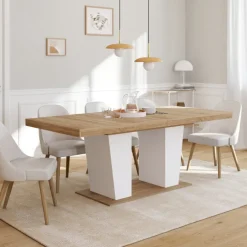 Table à manger extensible rectangle 8-12 personnes bois et blanc 200-250 cm