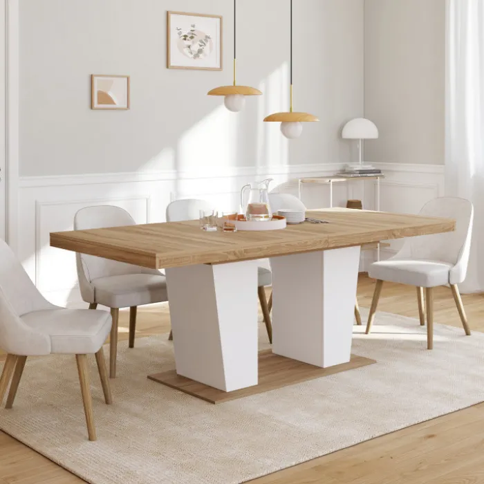 Table à manger extensible rectangle 8-12 personnes bois et blanc 200-250 cm
