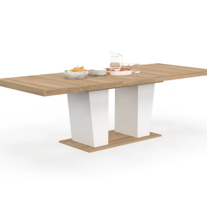 Table à manger extensible rectangle 8-12 personnes bois et blanc 200-250 cm