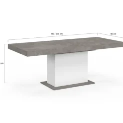 Table à manger extensible béton et blanc 6-10 personnes 160-200 cm
