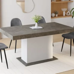 Table à manger extensible béton et blanc 6-10 personnes 160-200 cm