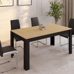 Table à manger extensible rectangle ROZY 6-10 personnes noire plateau façon hêtre 160-200 cm