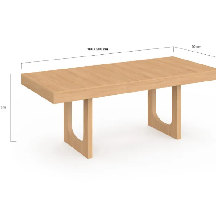 Table à manger extensible rectangle 4-8 personnes pied arc bois effet hêtre 160-200 cm