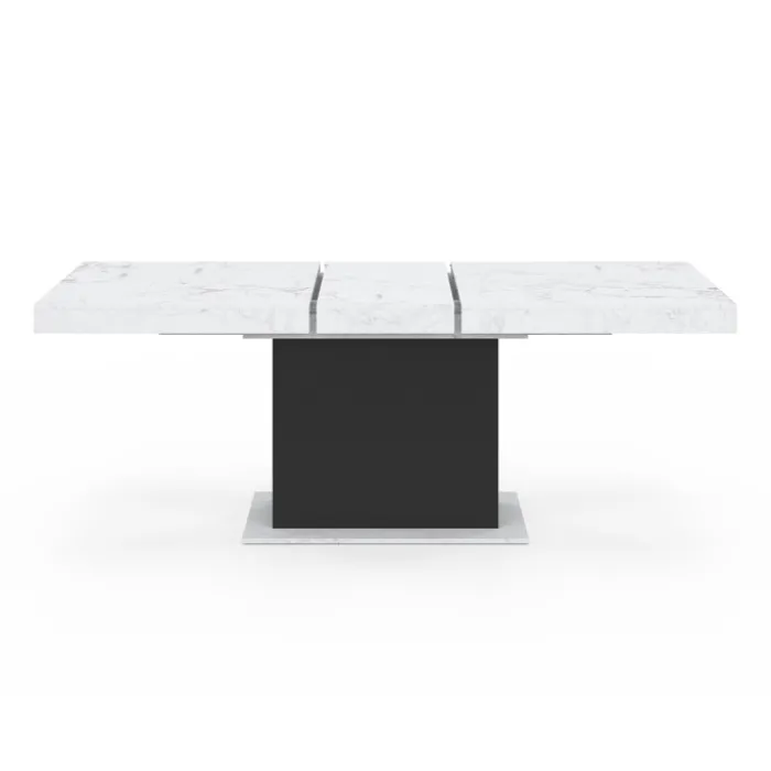 Table à manger extensible 160-200 cm 6-10 personnes plateau effet marbre blanc pied noir