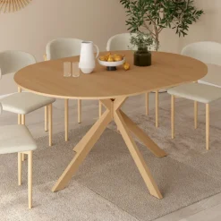 Table à manger extensible ronde 4-8 personnes pied araignée bois effet hêtre 110-150 cm