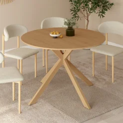 Table à manger extensible ronde 4-8 personnes pied araignée bois effet hêtre 110-150 cm