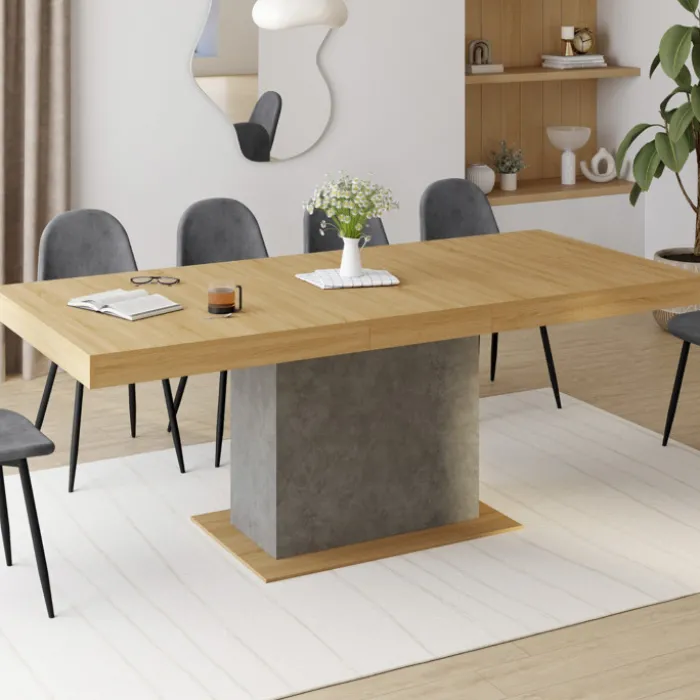 Table à manger extensible 6-10 personnes bois et effet béton