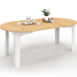Table à manger extensible ronde 4-10 personnes blanche plateau façon hêtre 110-200 cm