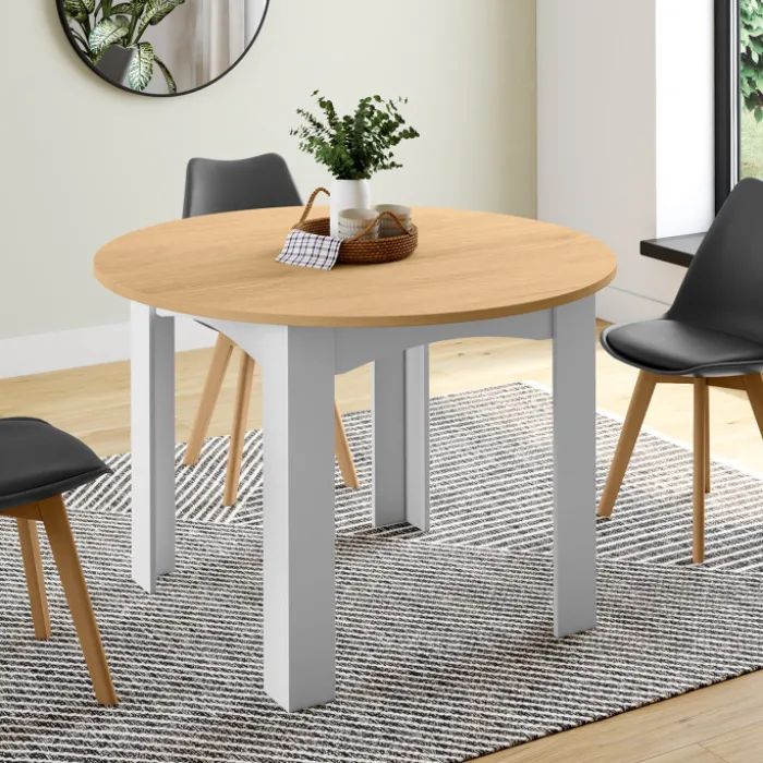 Table à manger extensible ronde 4-10 personnes blanche plateau façon hêtre 110-200 cm