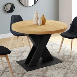 Table à manger extensible ronde 4-8 personnes bois et noir 110 - 150cm