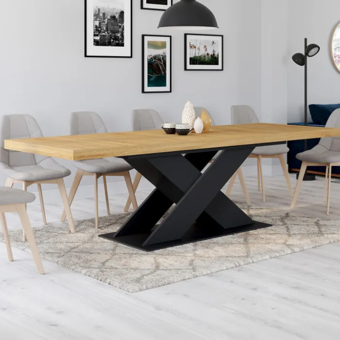 Table à manger extensible rectangle 8-12 personnes bois et noir 200-250 cm