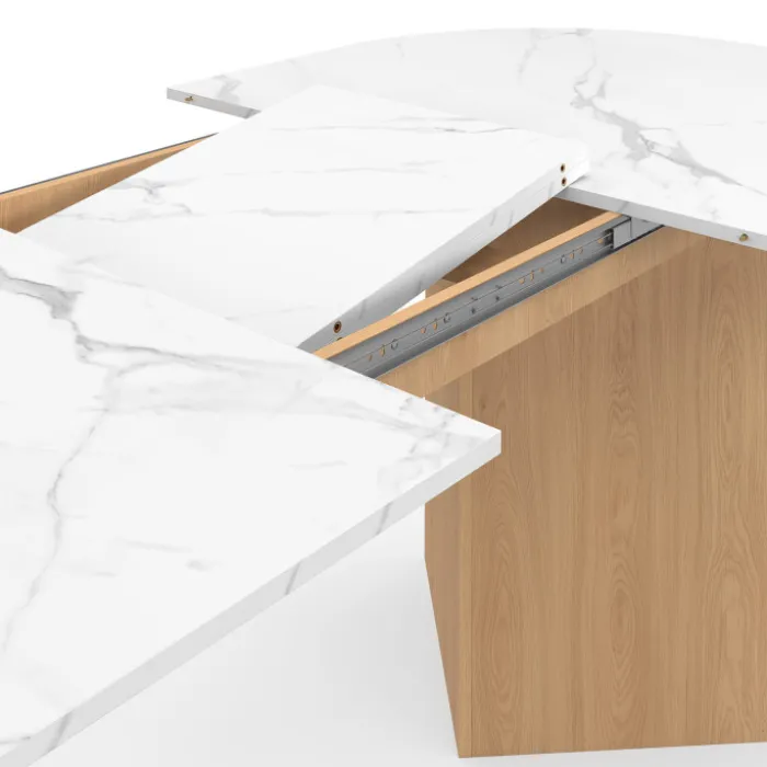 Table à manger extensible 6 -10 personnes plateau ovale marbre blanc et bois façon hêtre 160-200 cm