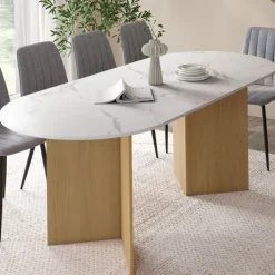 Table à manger extensible 6 -10 personnes plateau ovale marbre blanc et bois façon hêtre 160-200 cm
