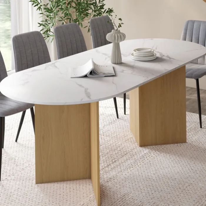 Table à manger extensible 6 -10 personnes plateau ovale marbre blanc et bois façon hêtre 160-200 cm