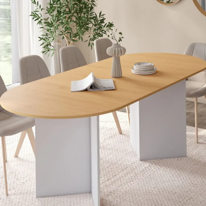 Table à manger extensible 6 -10 personnes plateau ovale bois façon hêtre et blanc 160-200 cm