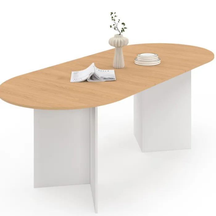 Table à manger extensible 6 -10 personnes plateau ovale bois façon hêtre et blanc 160-200 cm