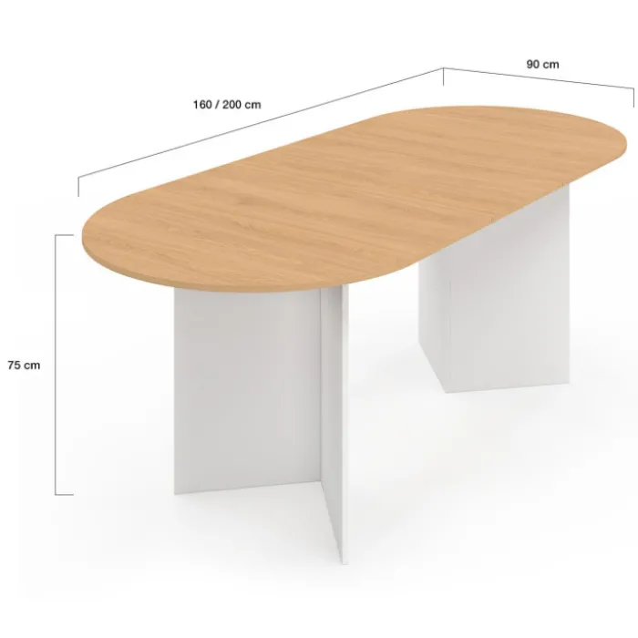 Table à manger extensible 6 -10 personnes plateau ovale bois façon hêtre et blanc 160-200 cm